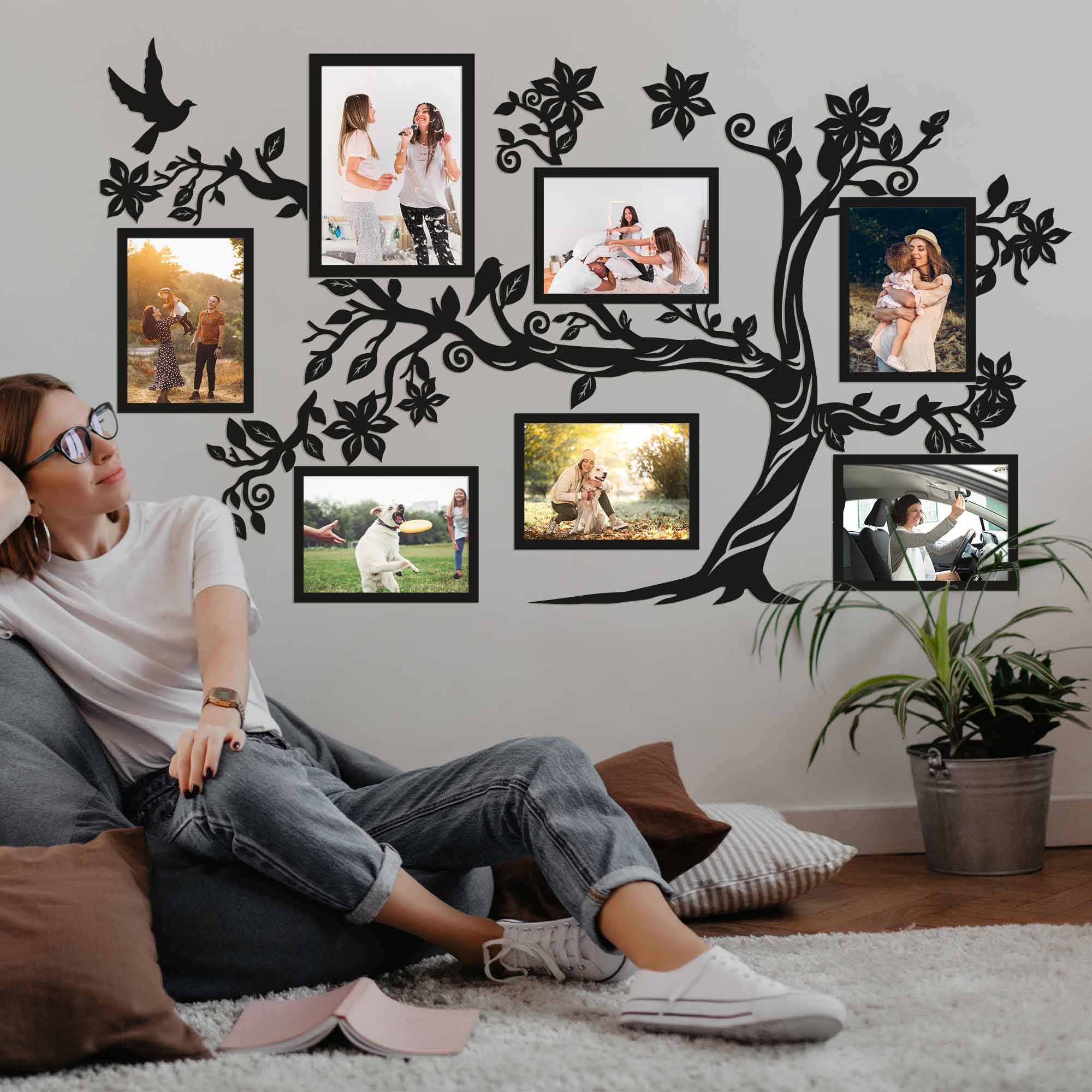 Large Wooden Family Tree with Photo Frames