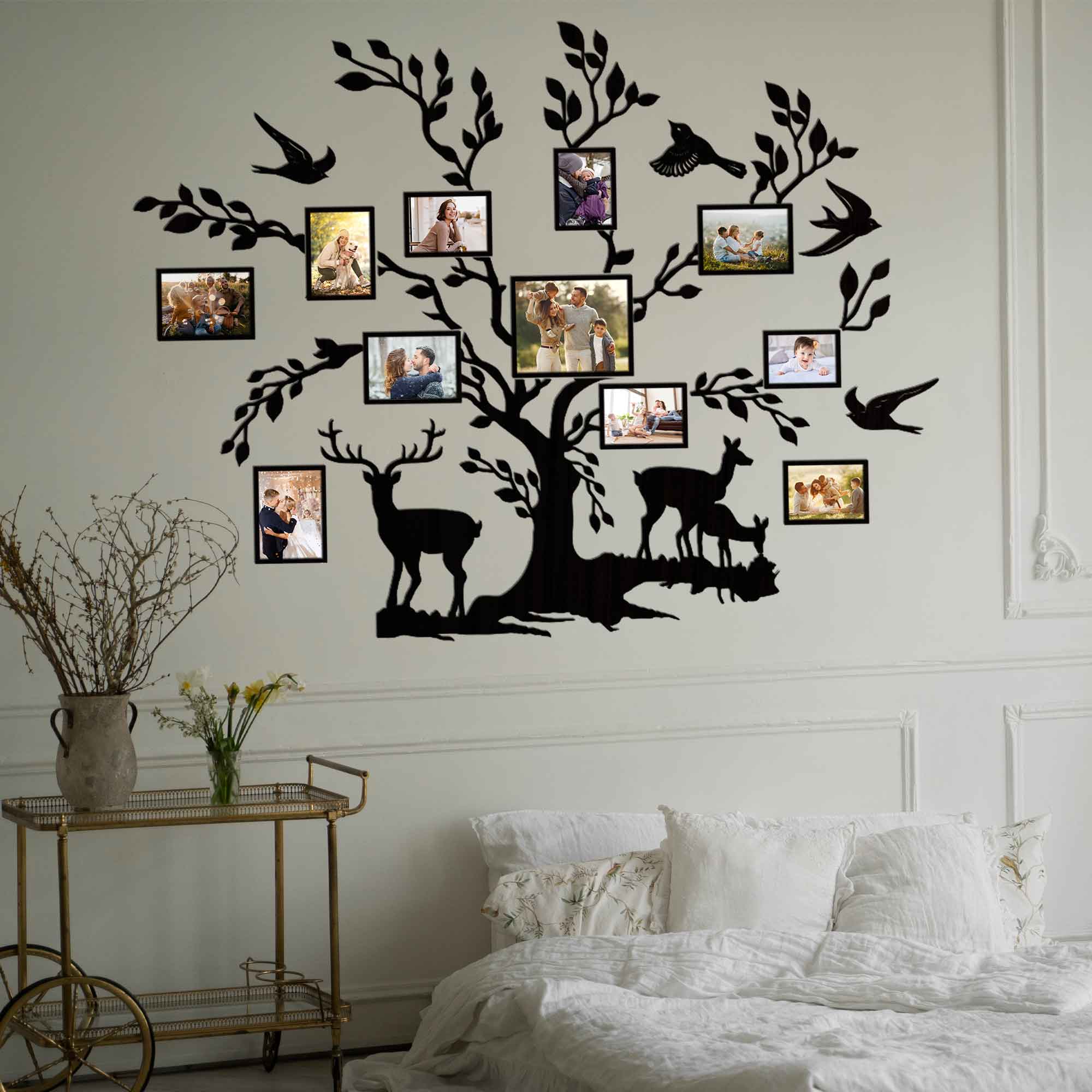 Large Wooden Family Tree Wall Art with Personalized Photo Frames - Customizable Home Décor