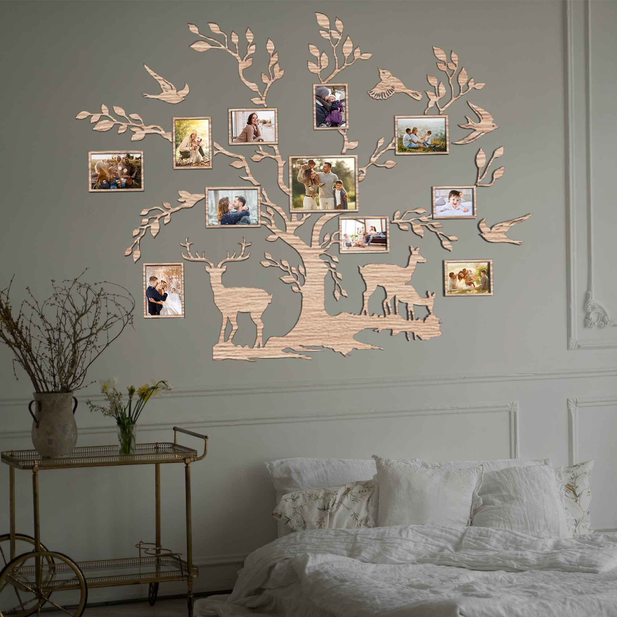 Large Wooden Family Tree Wall Art with Personalized Photo Frames - Customizable Home Décor