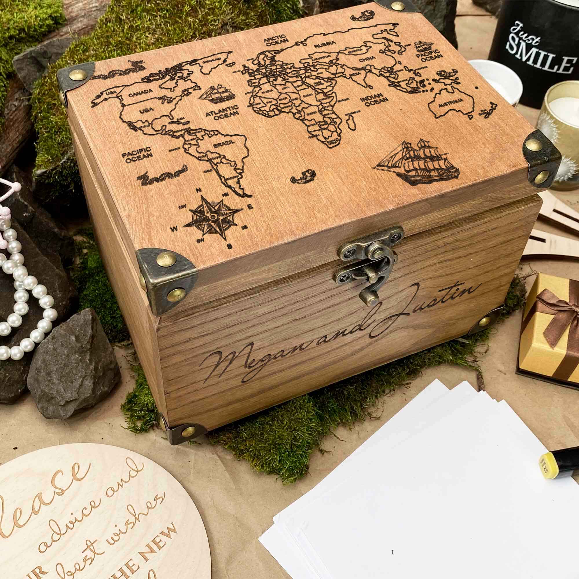 Wooden Memories Box Engraving World Map