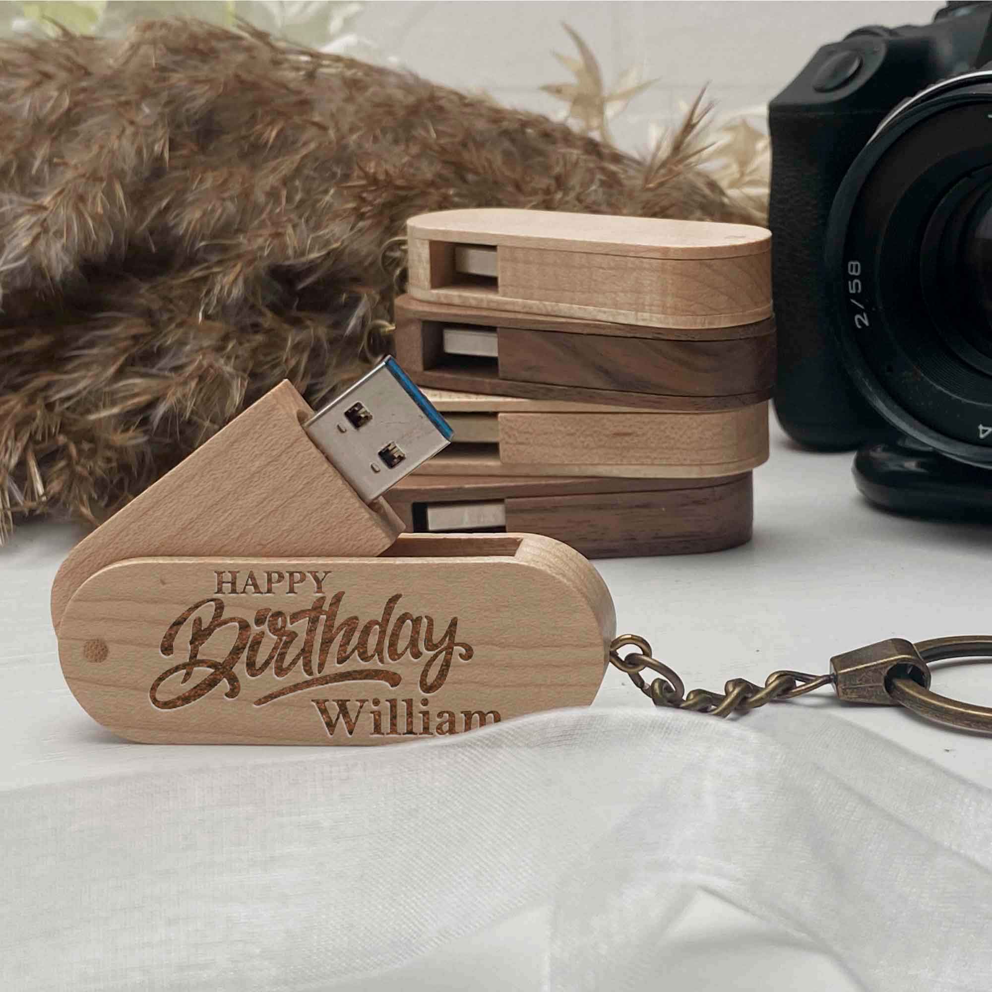 Wood USB flash drive key ring Personal engraving Happy Birthday