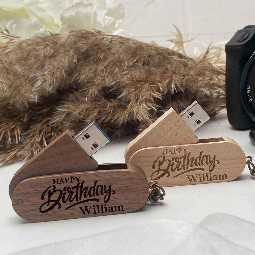 Wood USB flash drive key ring Personal engraving Happy Birthday photo