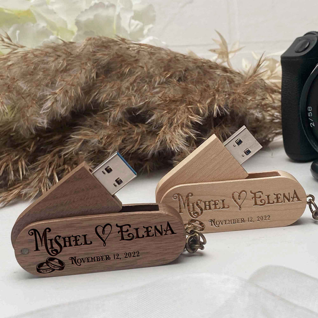 Wood USB flash drive key ring Personal engraving Wedding Day photo