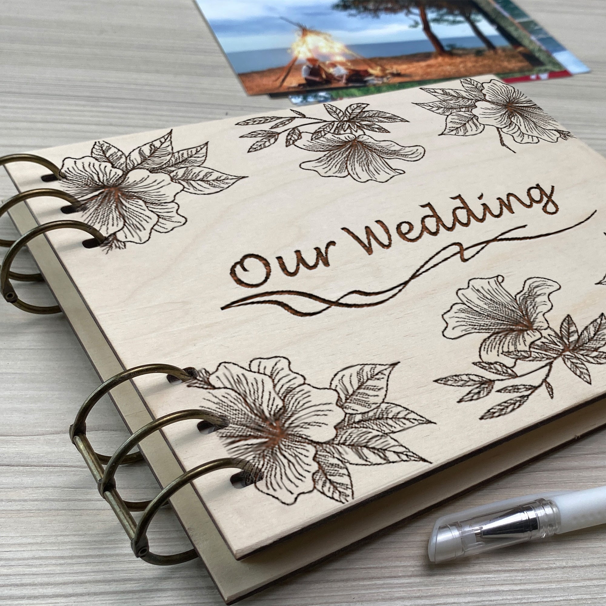 Personalized photo album cover and Magnolias map engraving