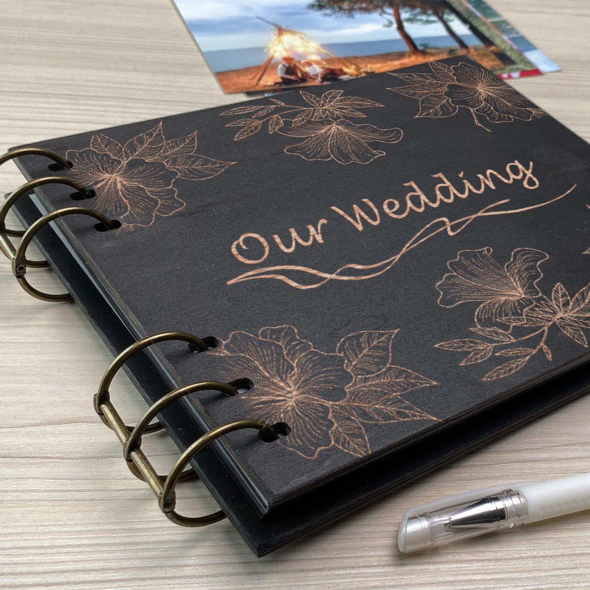 Personalized photo album cover and Magnolias map engraving