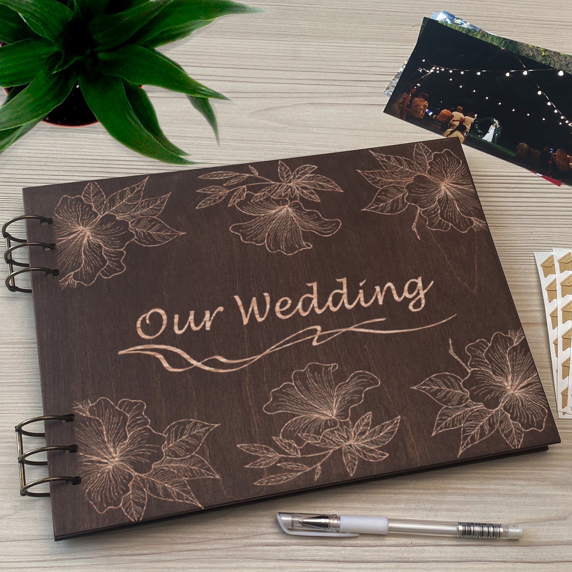 Personalized photo album cover and Magnolias map engraving