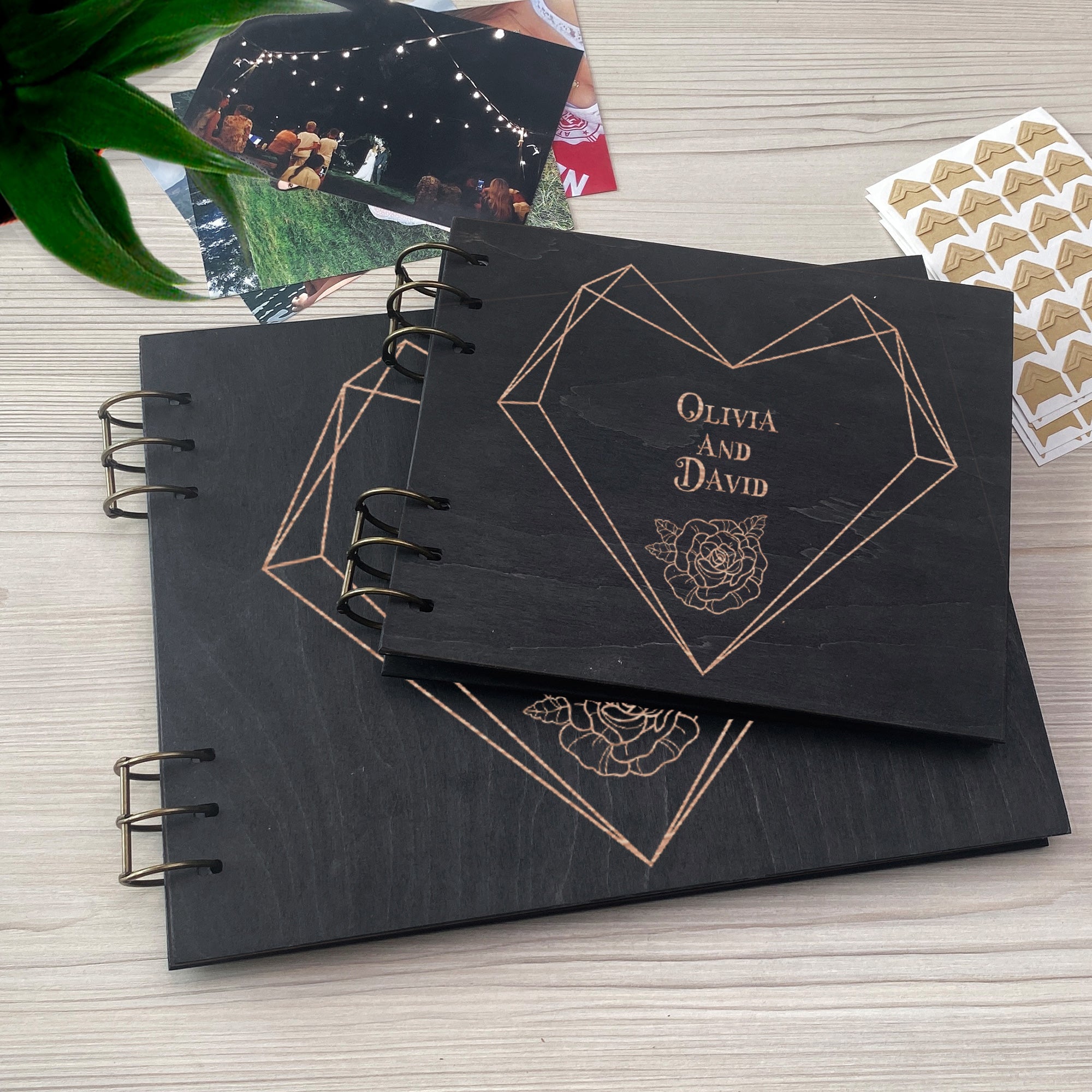 Personalized photo album cover and Geometric Heart map engraving