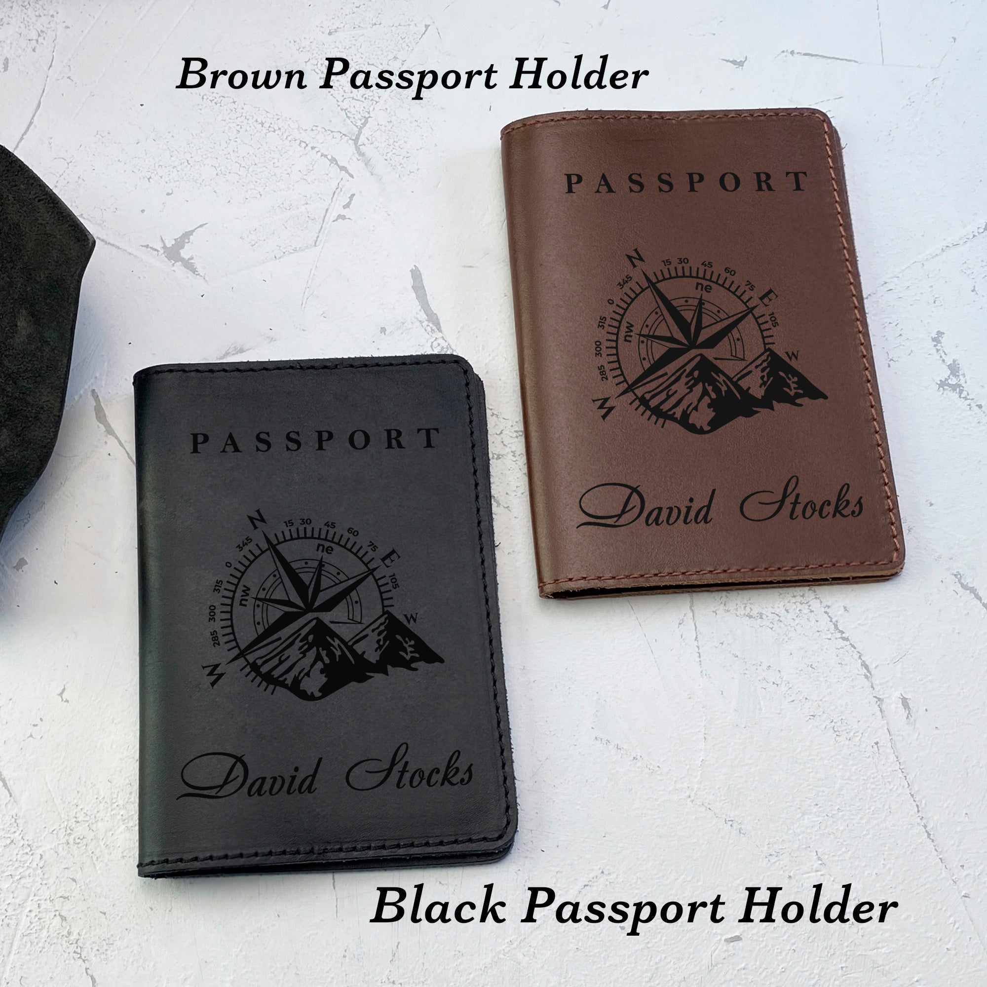 Personalized engraved Compas Leather Passport Cover Holder