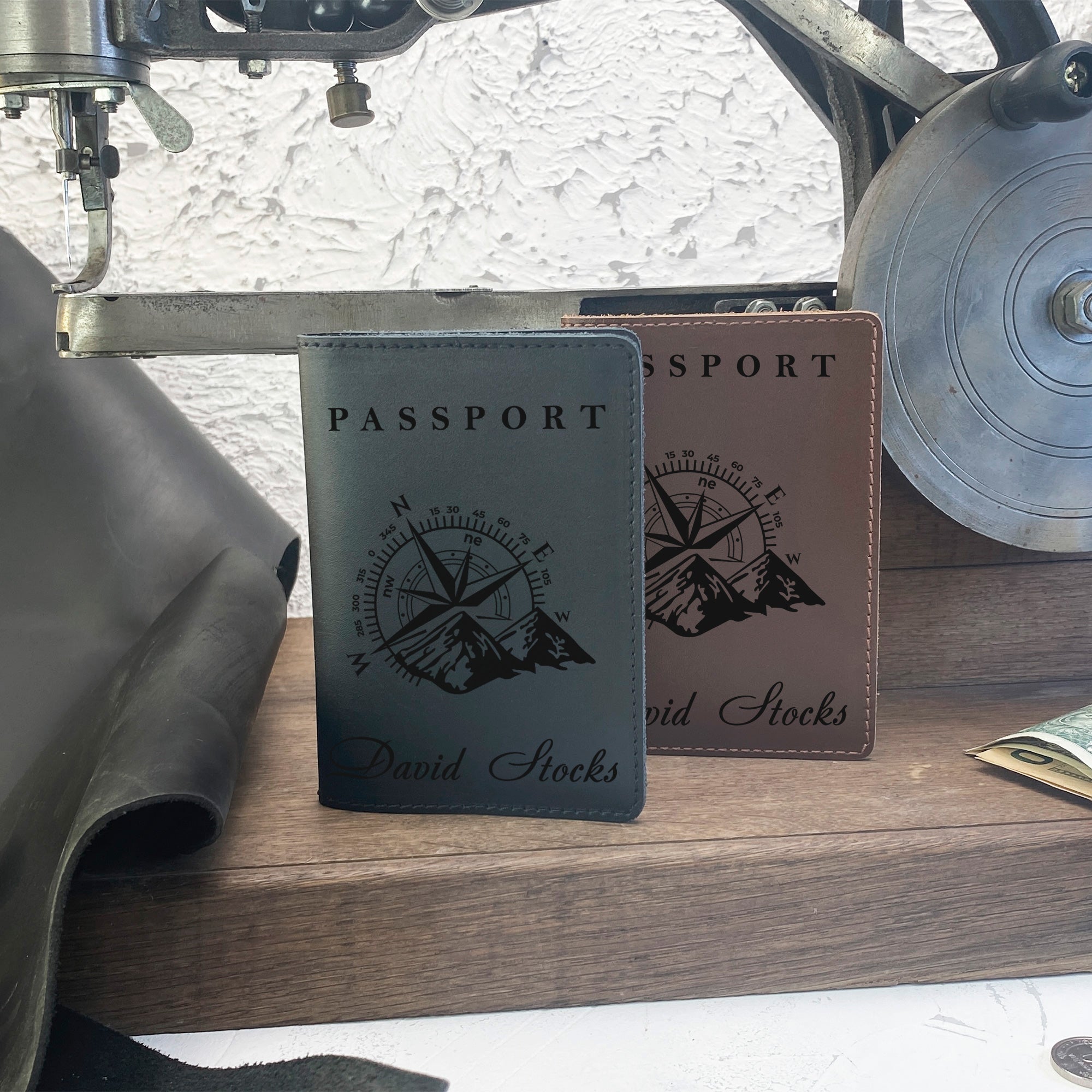 Personalized engraved Compas Leather Passport Cover Holder
