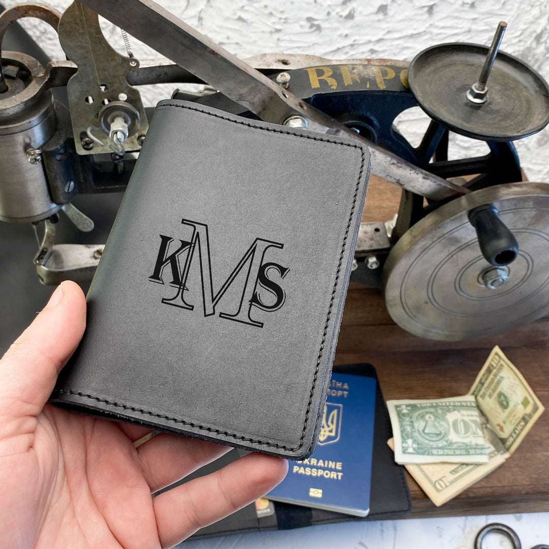 Personalized engraved Initials Leather Passport Cover Holder photo