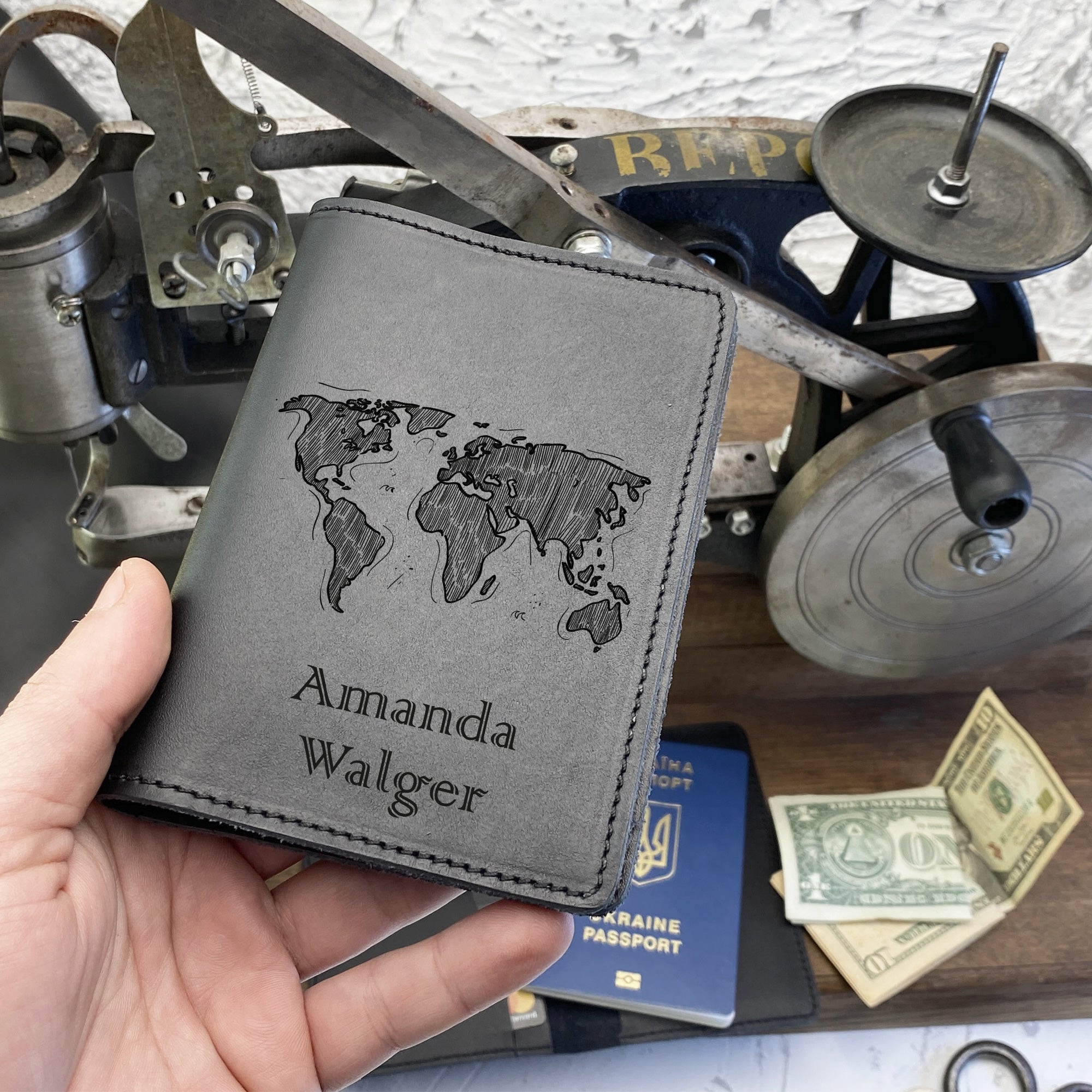Personalized engraved Maps Leather Passport Cover Holder