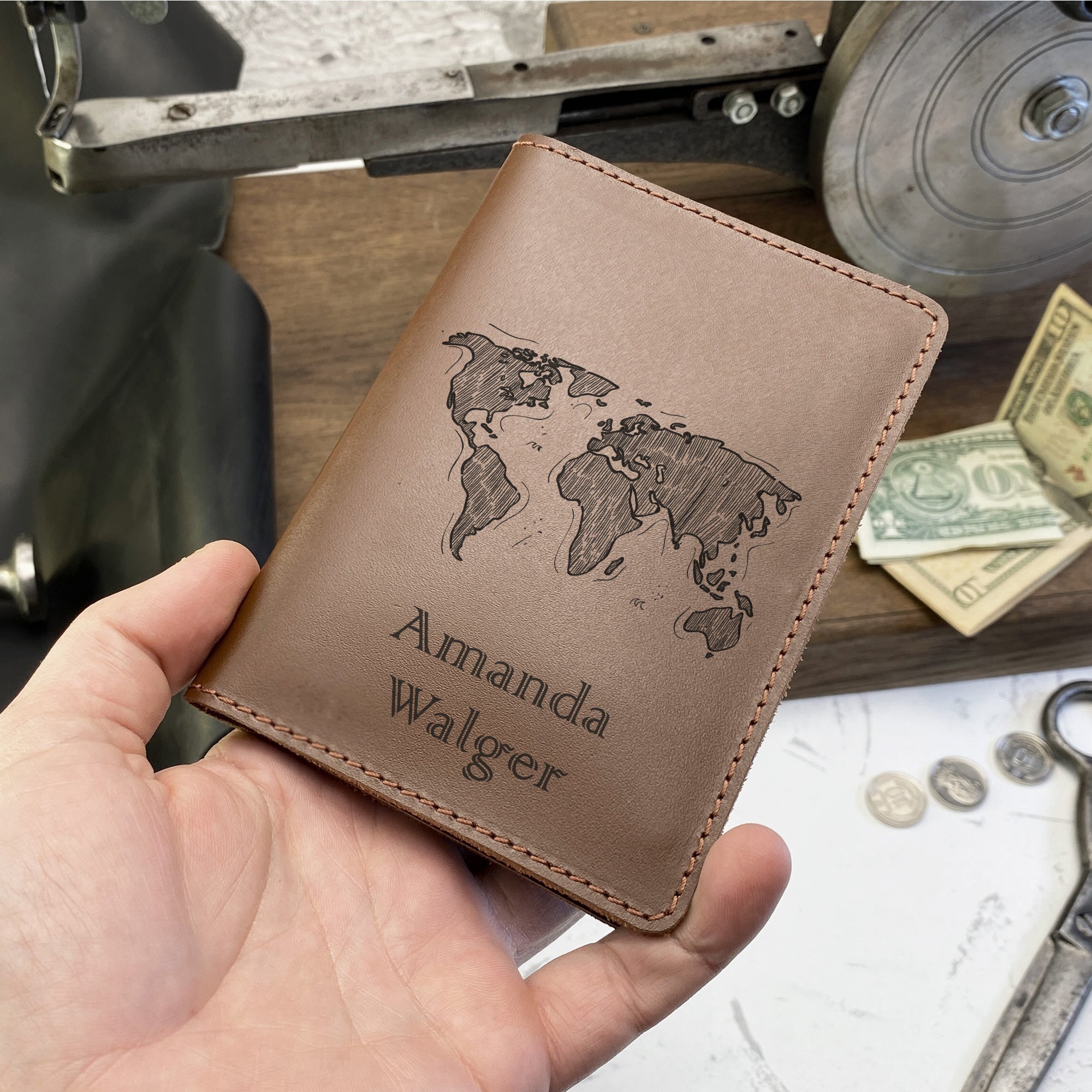 Personalized engraved Maps Leather Passport Cover Holder