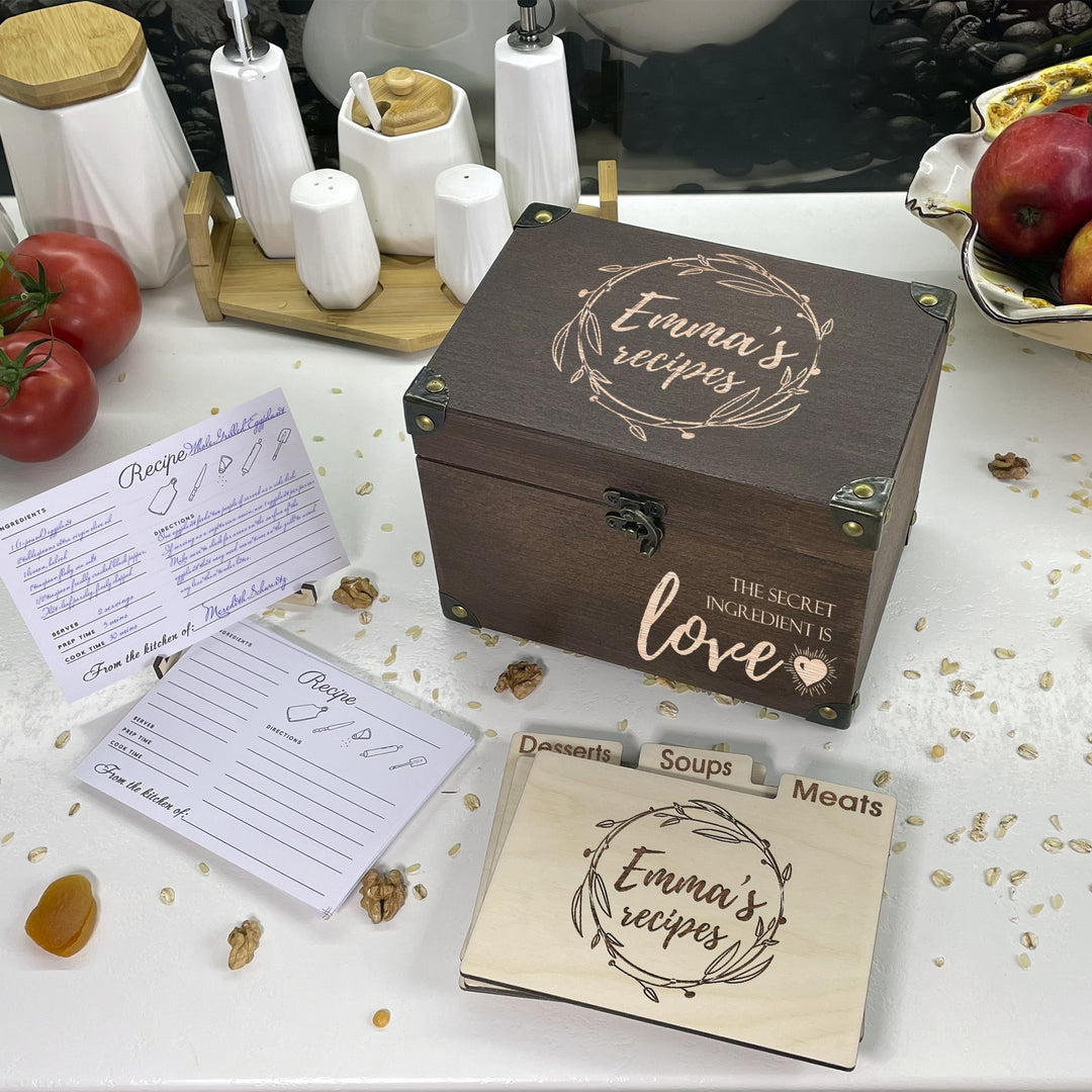 Personalized Recipe Box with Dividers and Cards Love Recipes engraving photo №2