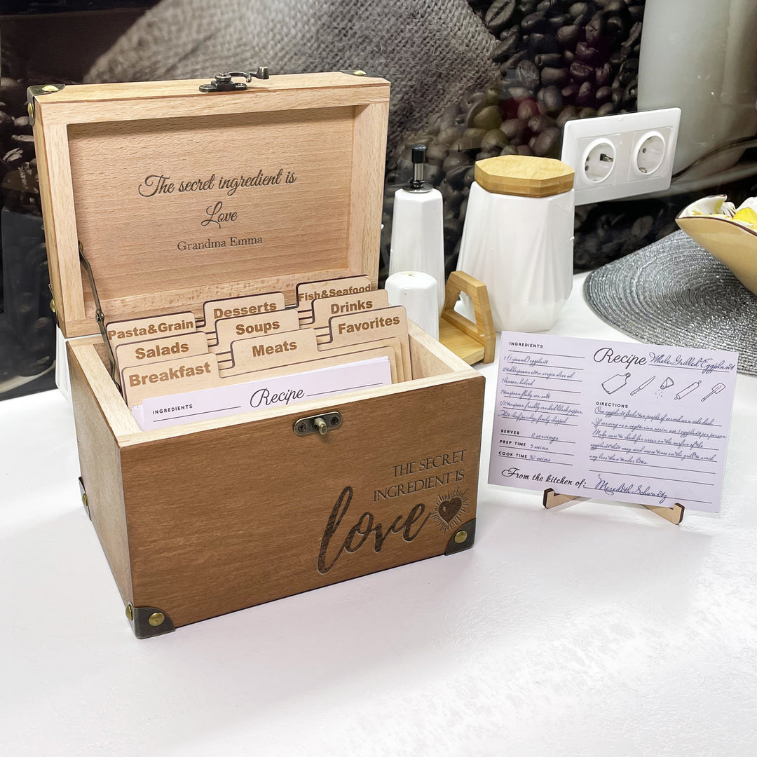 Personalized Recipe Box with Dividers and Cards Love Recipes engraving photo