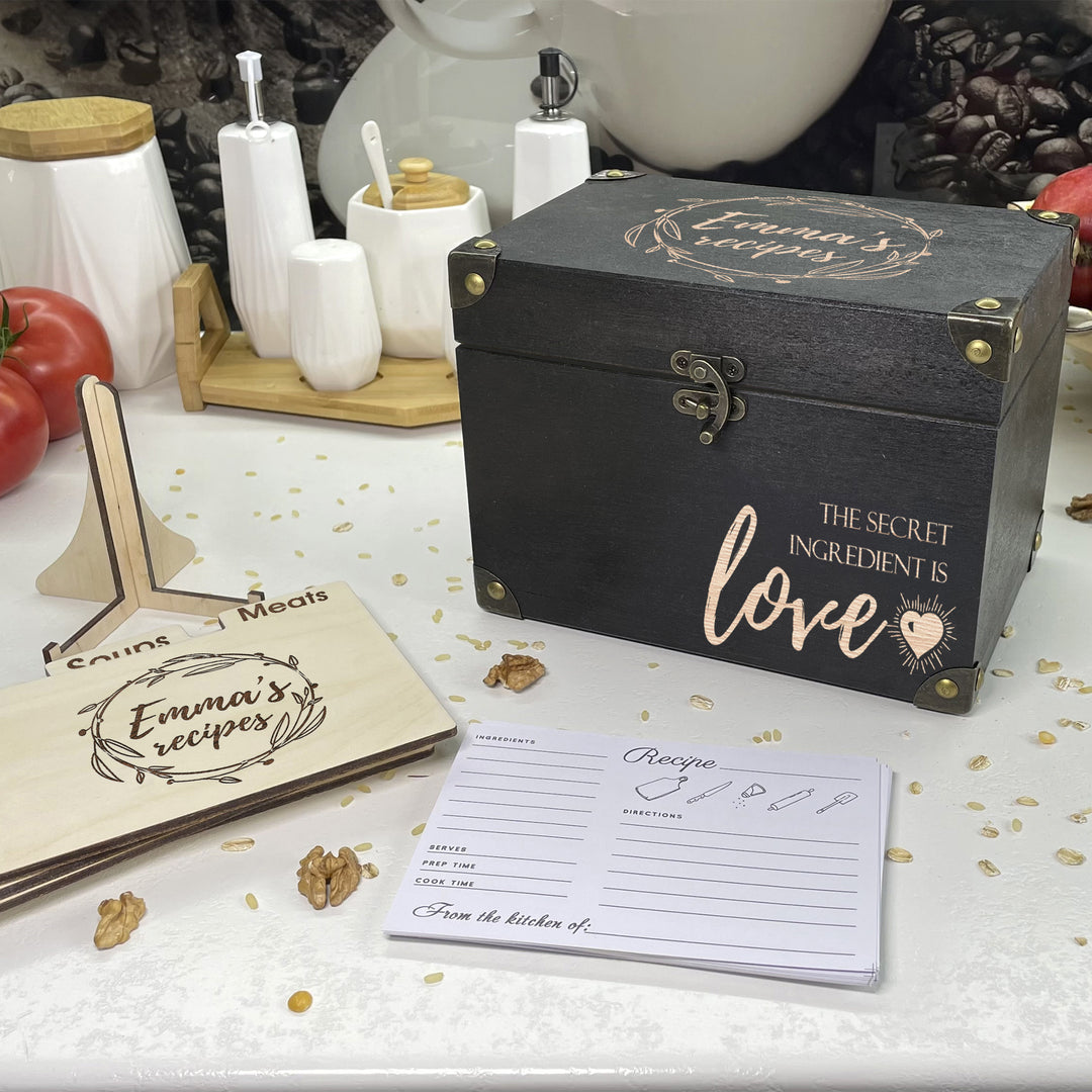 Personalized Recipe Box with Dividers and Cards Love Recipes engraving photo №6