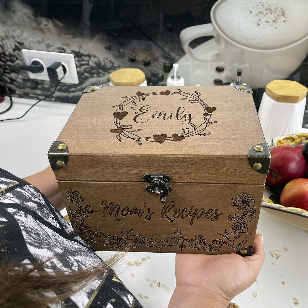 Personalized Recipe Box with Dividers and Cards Mom Recipec engraving photo