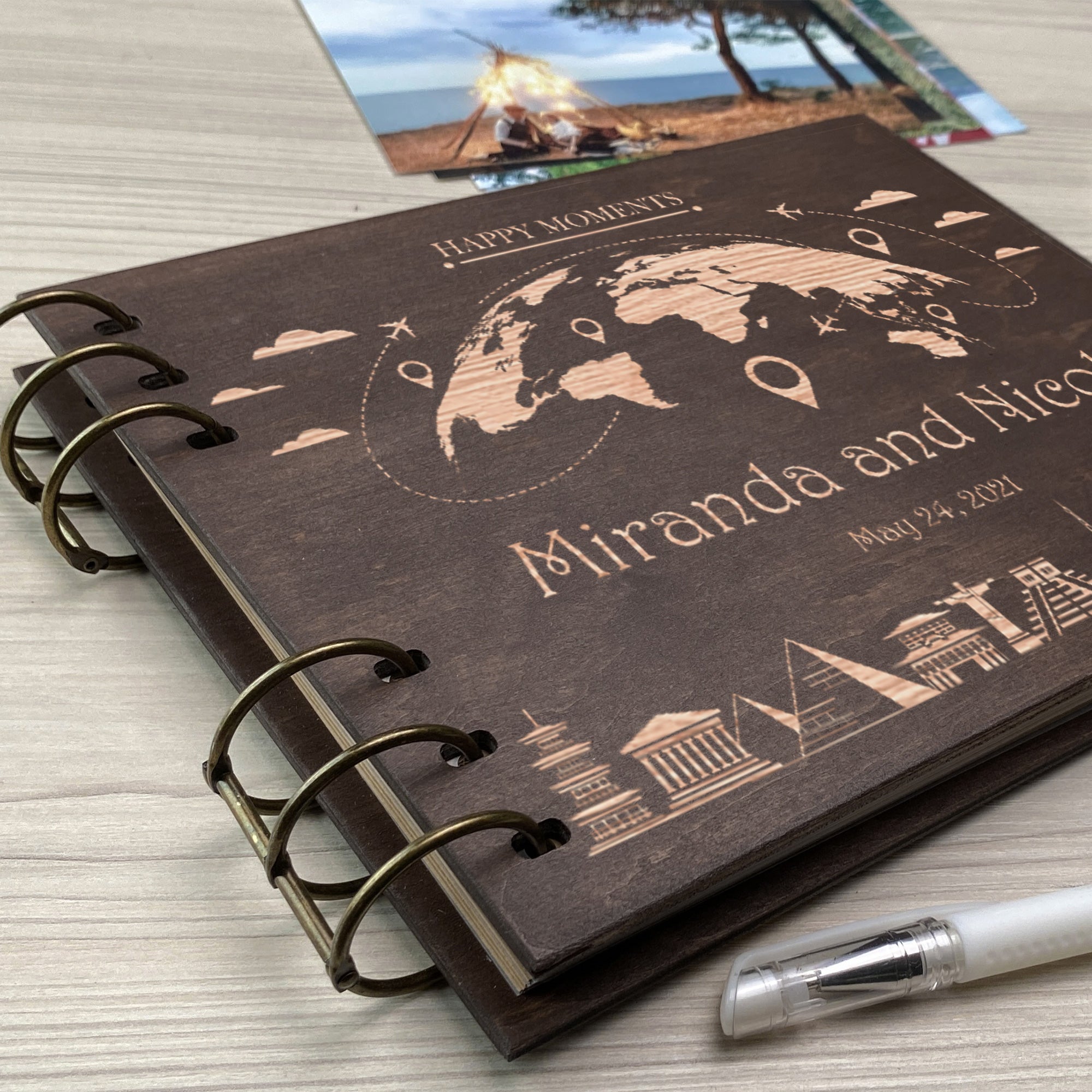 Personalized photo album cover and Globe engraving