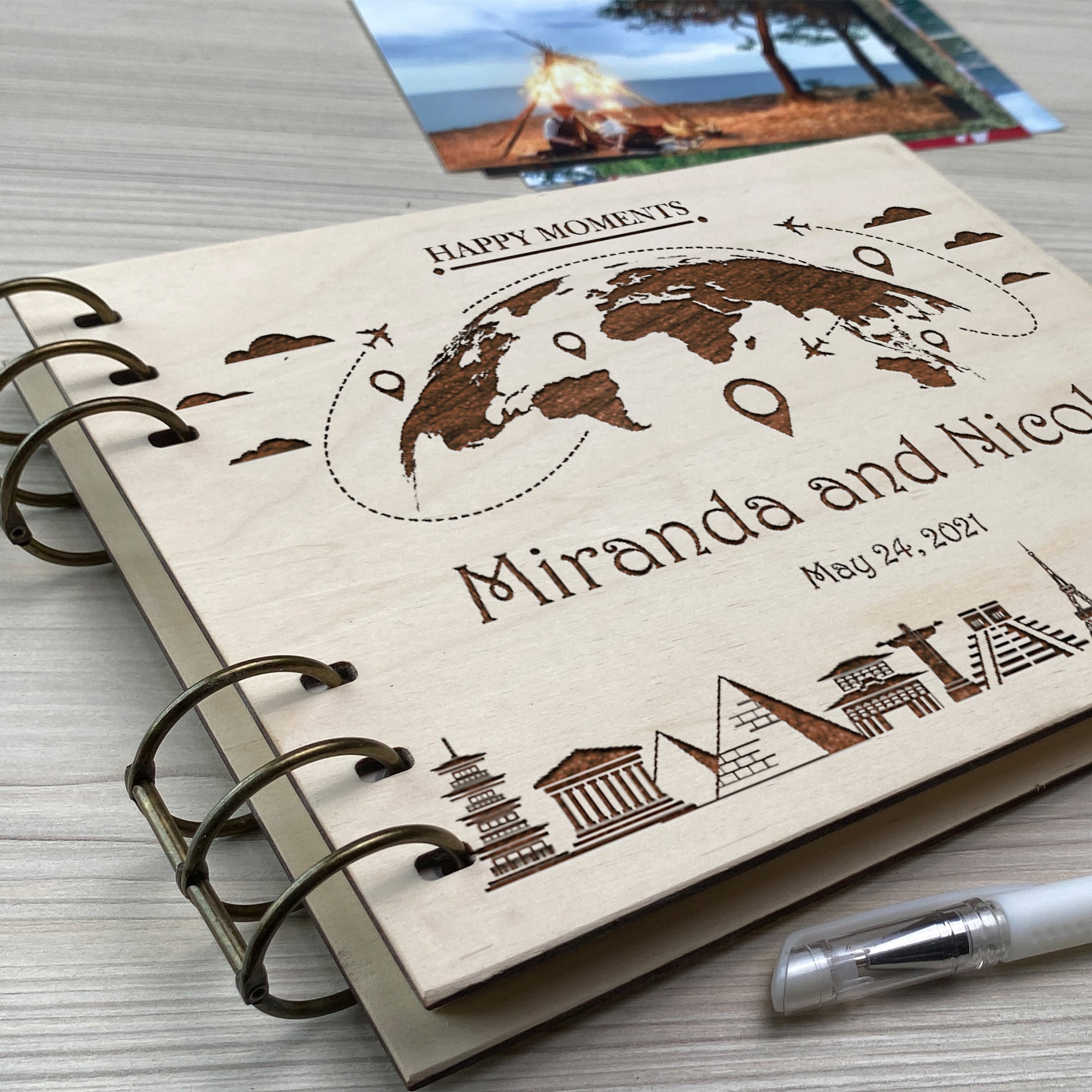 Personalized photo album cover and Globe engraving