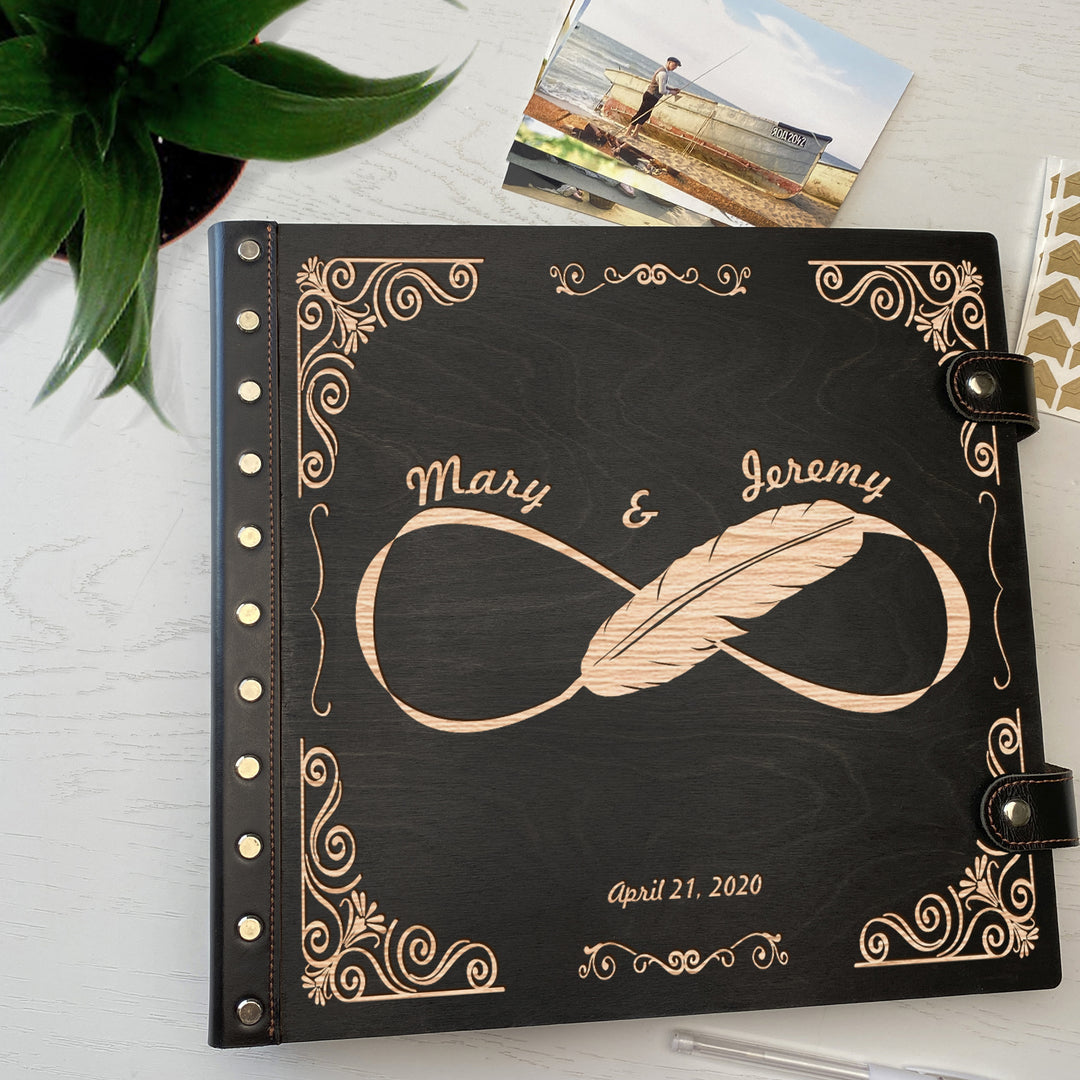 Personalized photo album with leather cover and Infinity engraving photo