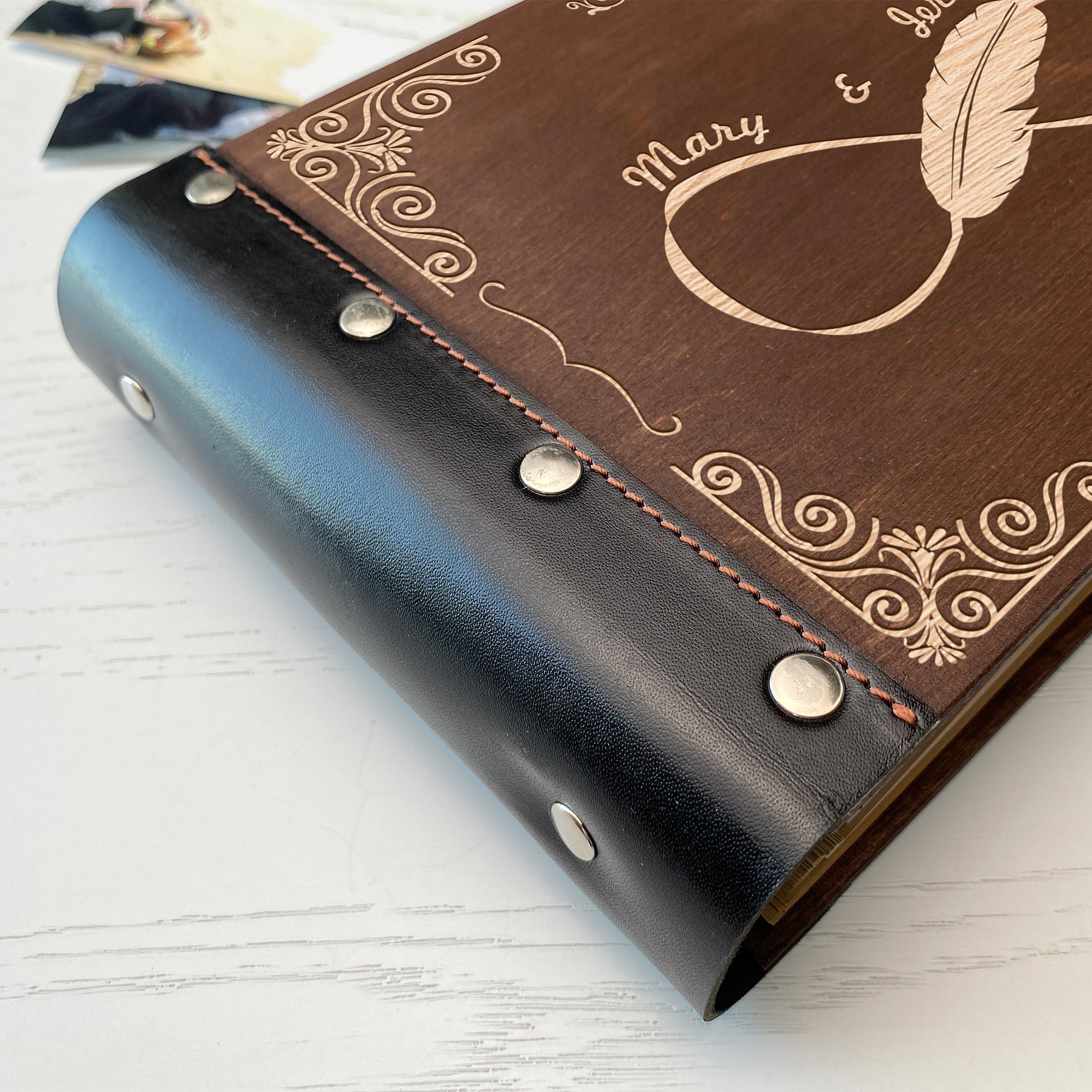 Personalized photo album with leather cover and Infinity engraving