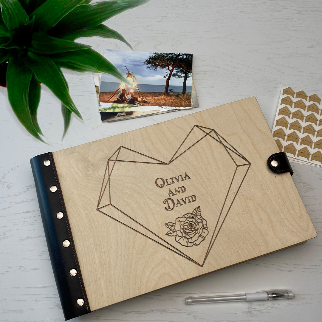Personalized photo album with leather cover and Geometric Heart engraving photo №6
