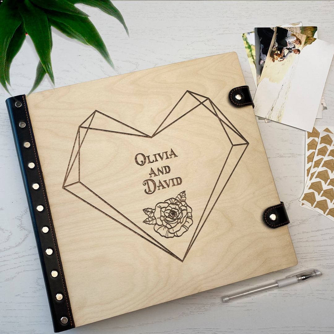 Personalized photo album with leather cover and Geometric Heart engraving photo №7