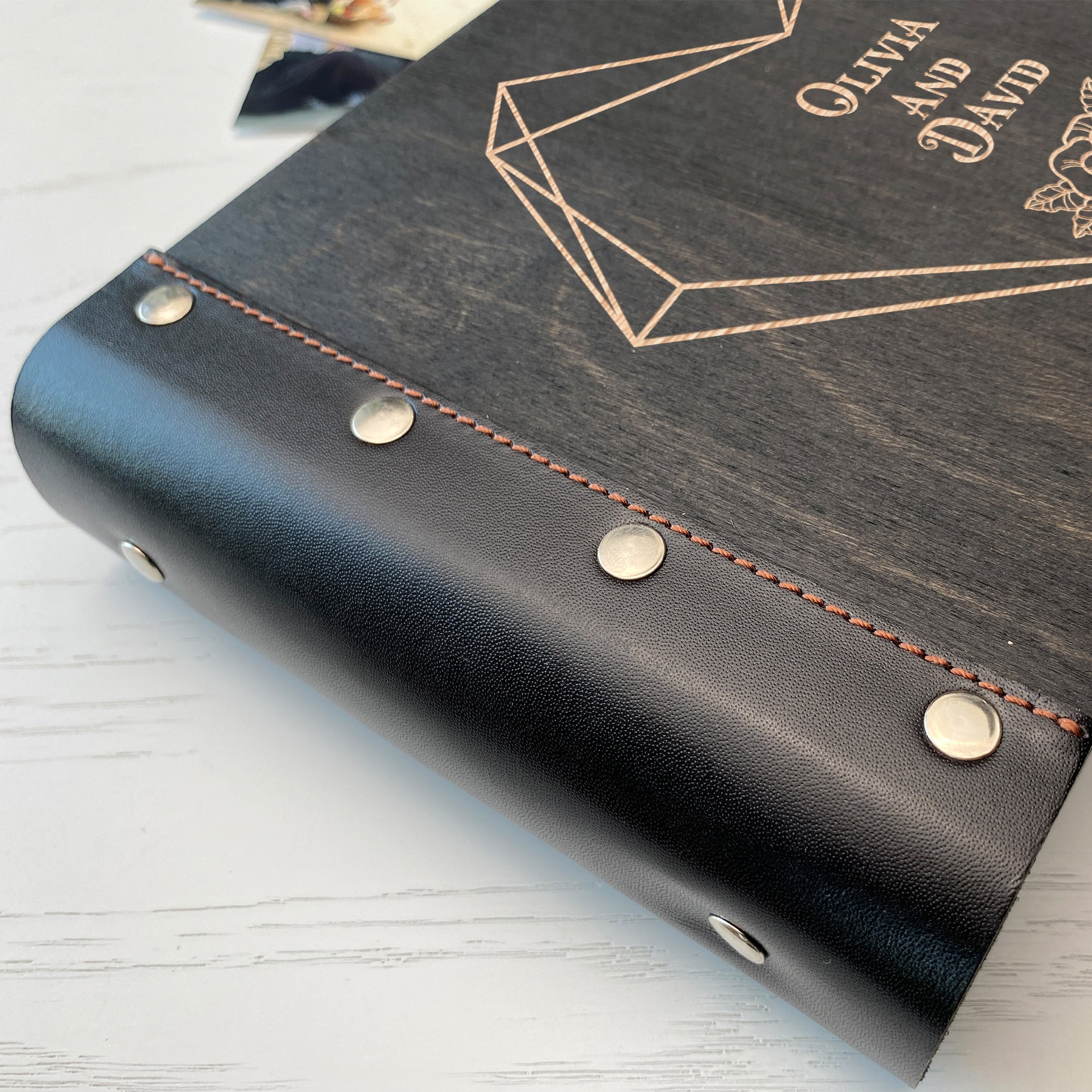 Personalized photo album with leather cover and Geometric Heart engraving