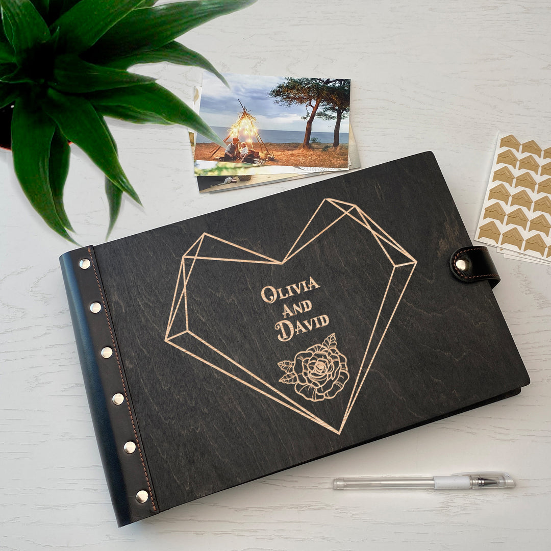 Personalized photo album with leather cover and Geometric Heart engraving photo