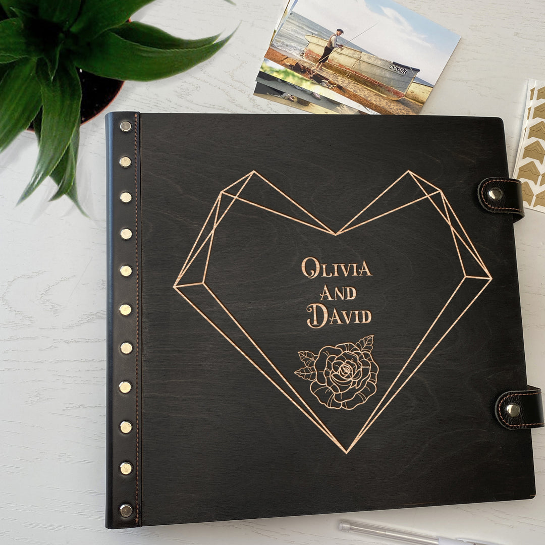Personalized photo album with leather cover and Geometric Heart engraving photo №3