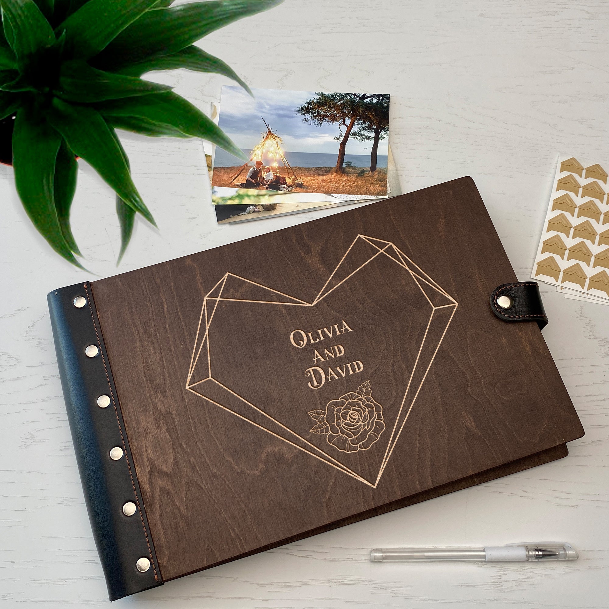 Personalized photo album with leather cover and Geometric Heart engraving