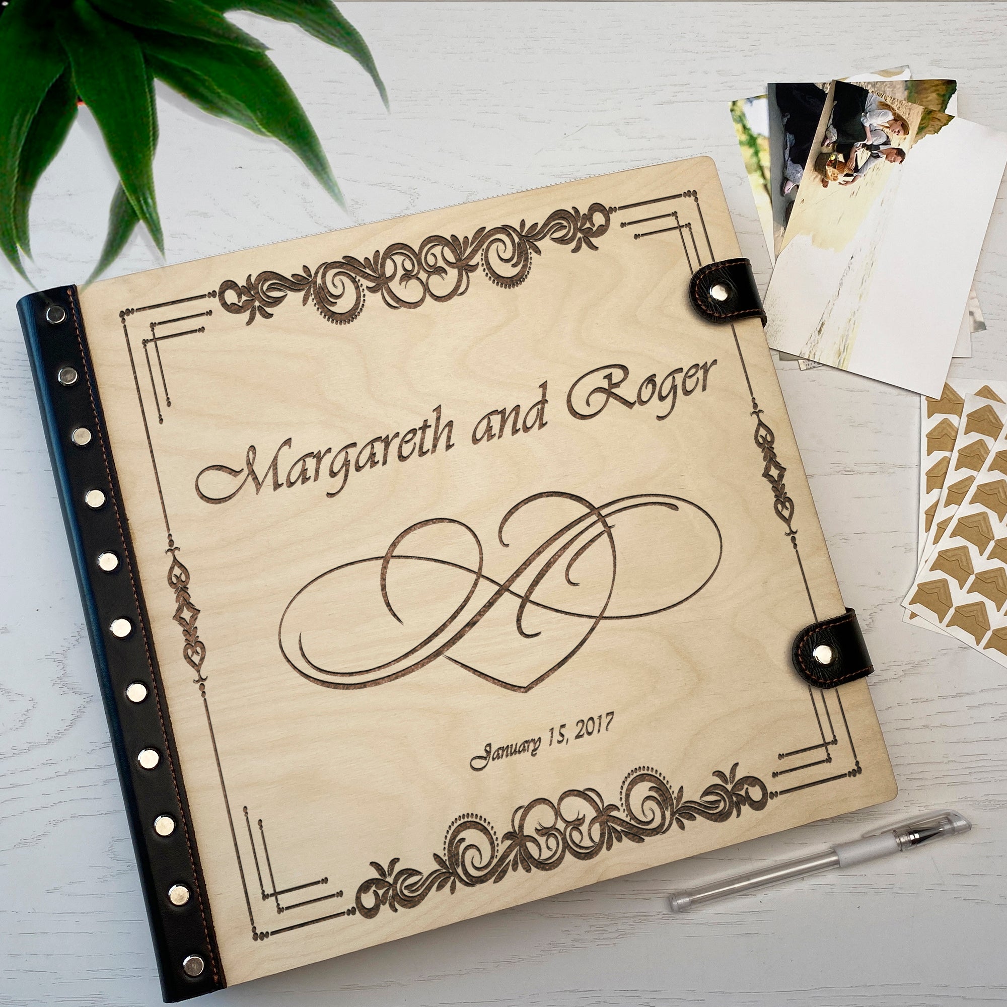 Personalized photo album with leather cover and Love engraving