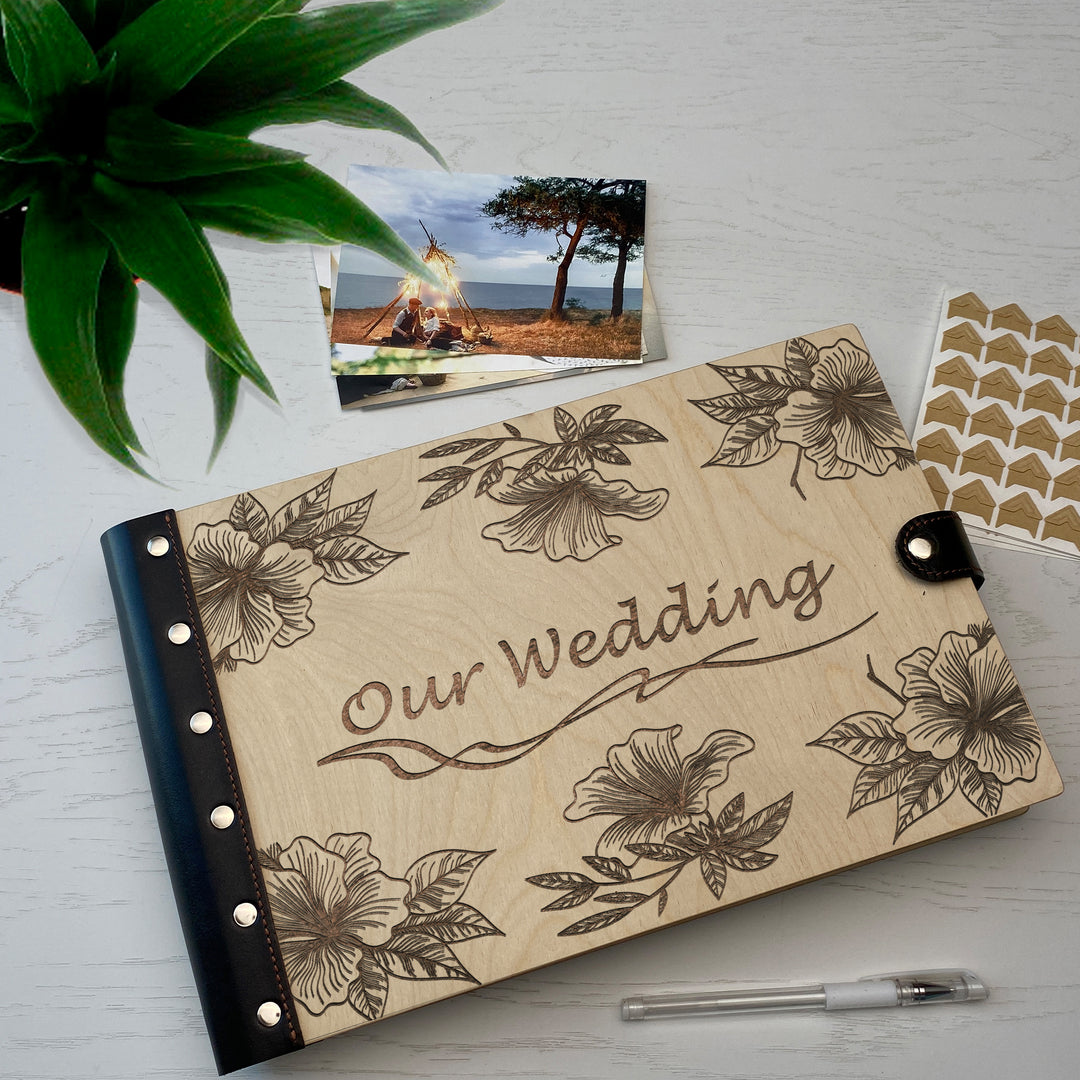 Personalized photo album with leather cover and Magnolias engraving photo №4