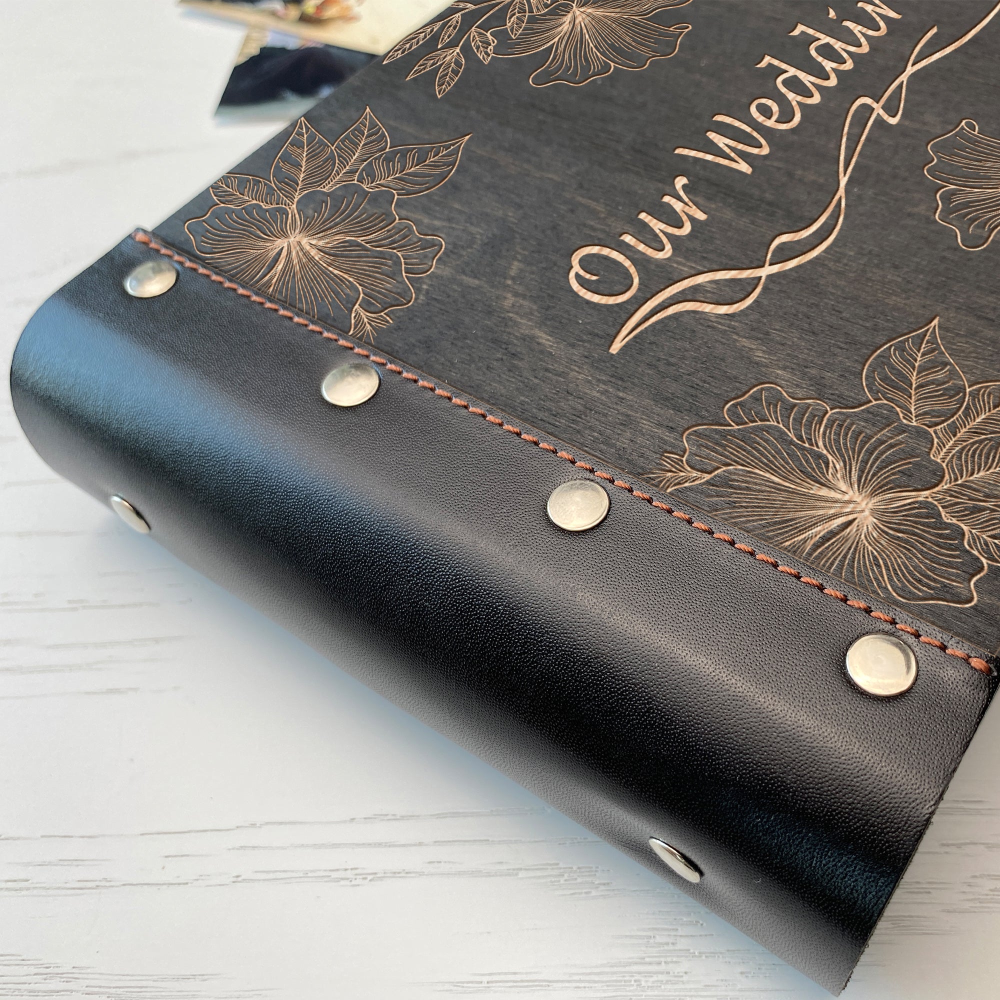 Personalized photo album with leather cover and Magnolias engraving