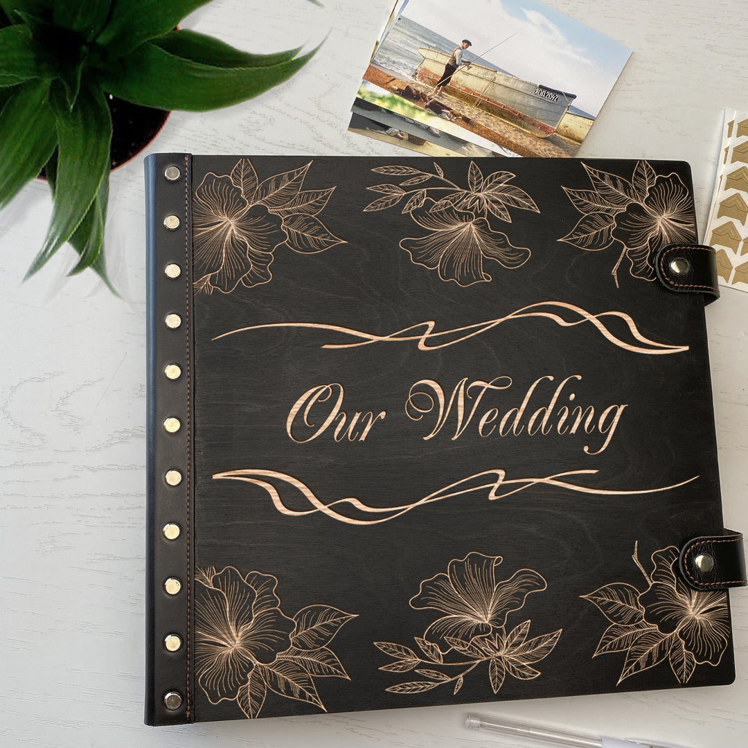 Personalized photo album with leather cover and Magnolias engraving photo