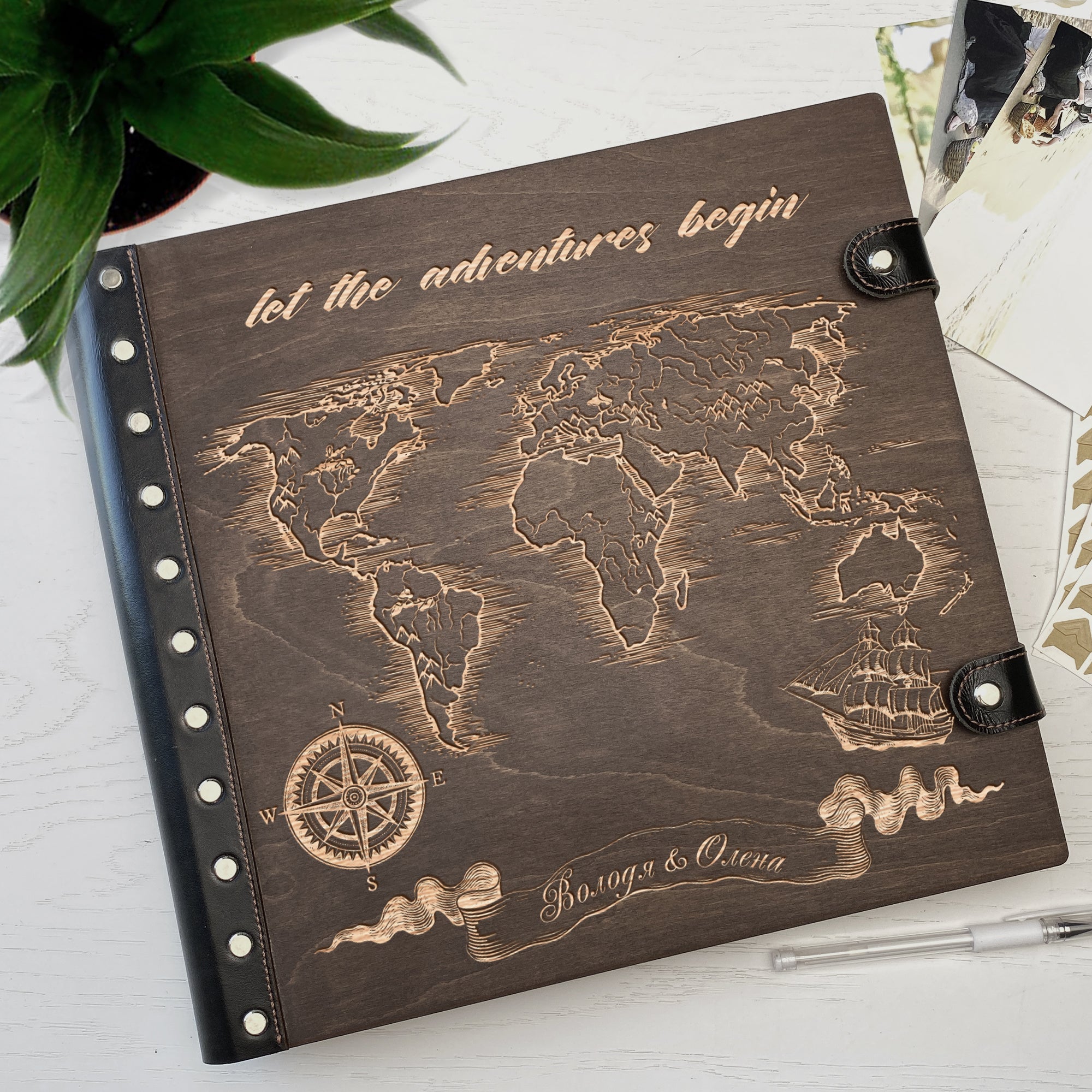 Personalized photo album with leather cover and Map-Mountains engraving
