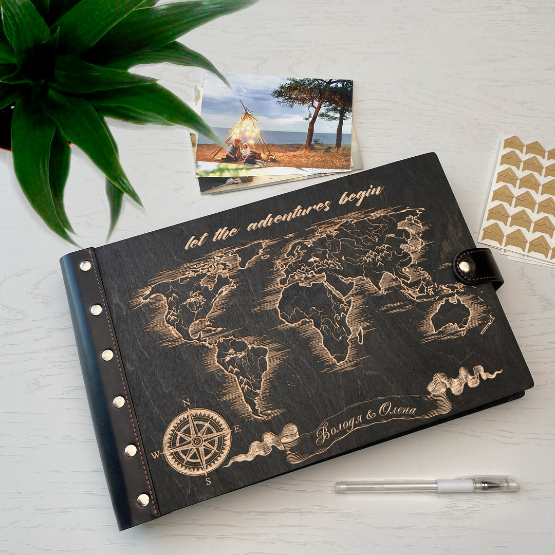 Personalized photo album with leather cover and Map-Mountains engraving photo