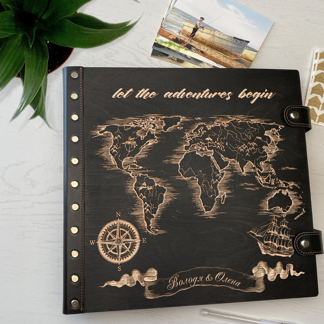 Personalized photo album with leather cover and Map-Mountains engraving photo №2
