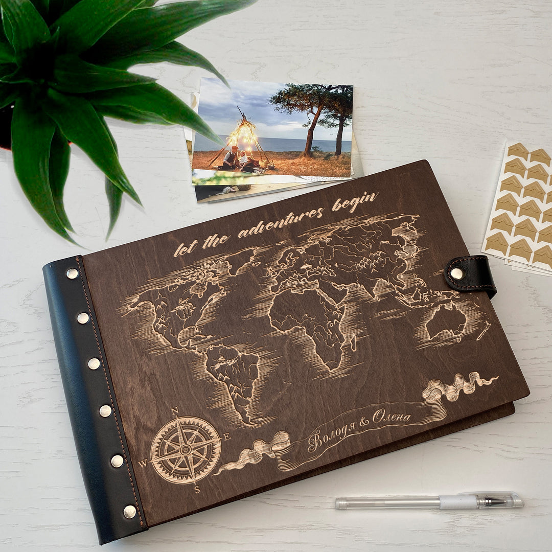 Personalized photo album with leather cover and Map-Mountains engraving photo №3