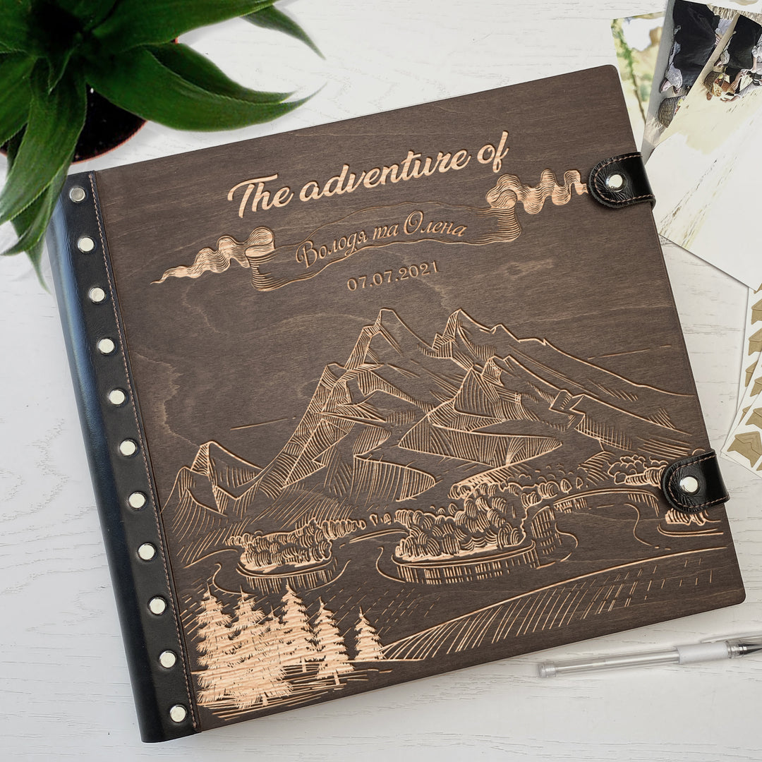 Personalized photo album with leather cover and Mountains engraving photo №4