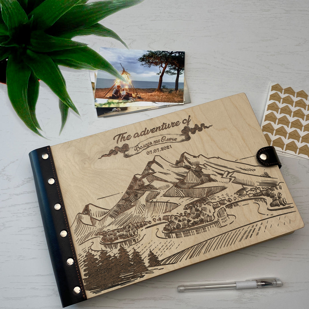Personalized photo album with leather cover and Mountains engraving photo №5