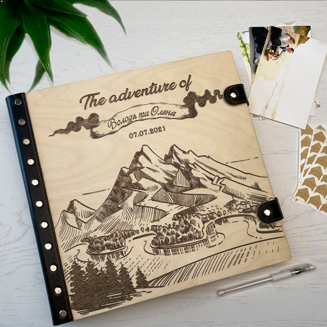 Personalized photo album with leather cover and Mountains engraving photo №6