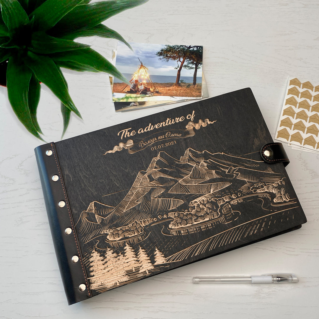 Personalized photo album with leather cover and Mountains engraving photo