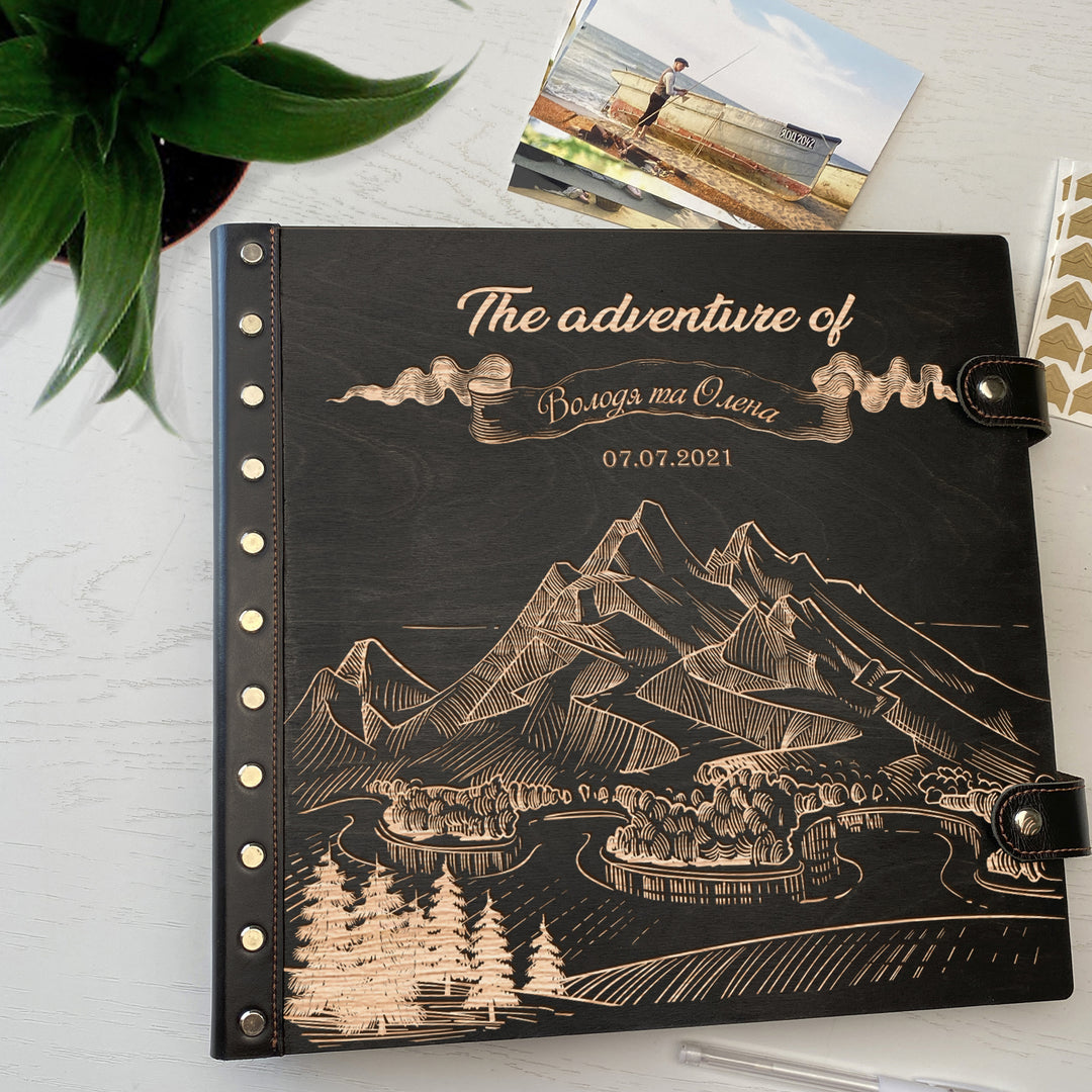 Personalized photo album with leather cover and Mountains engraving photo №2