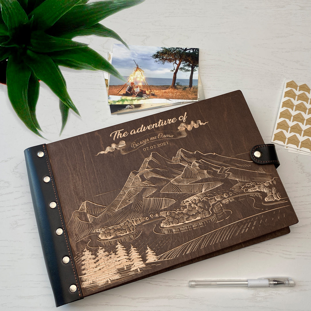Personalized photo album with leather cover and Mountains engraving photo №3