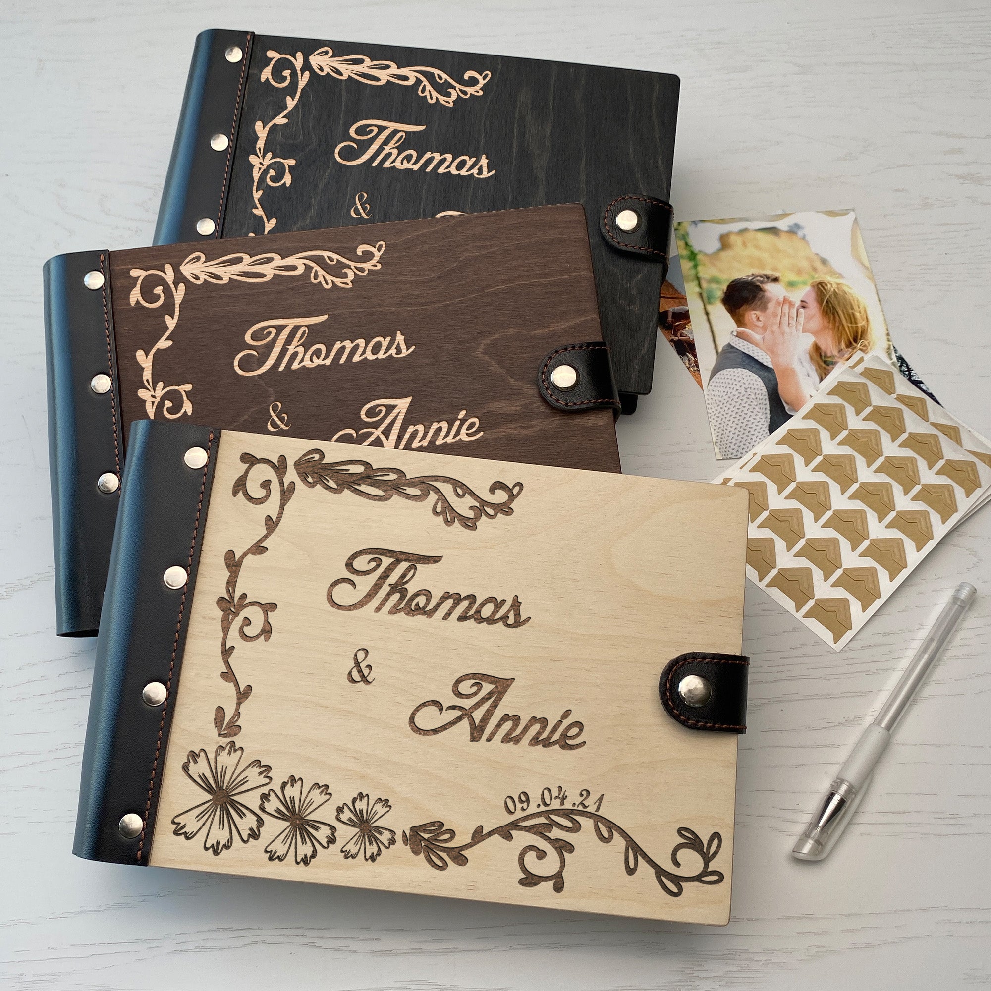Personalized photo album with leather cover and Family engraving