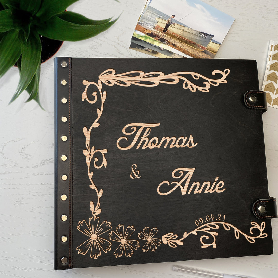 Personalized photo album with leather cover and Family engraving photo