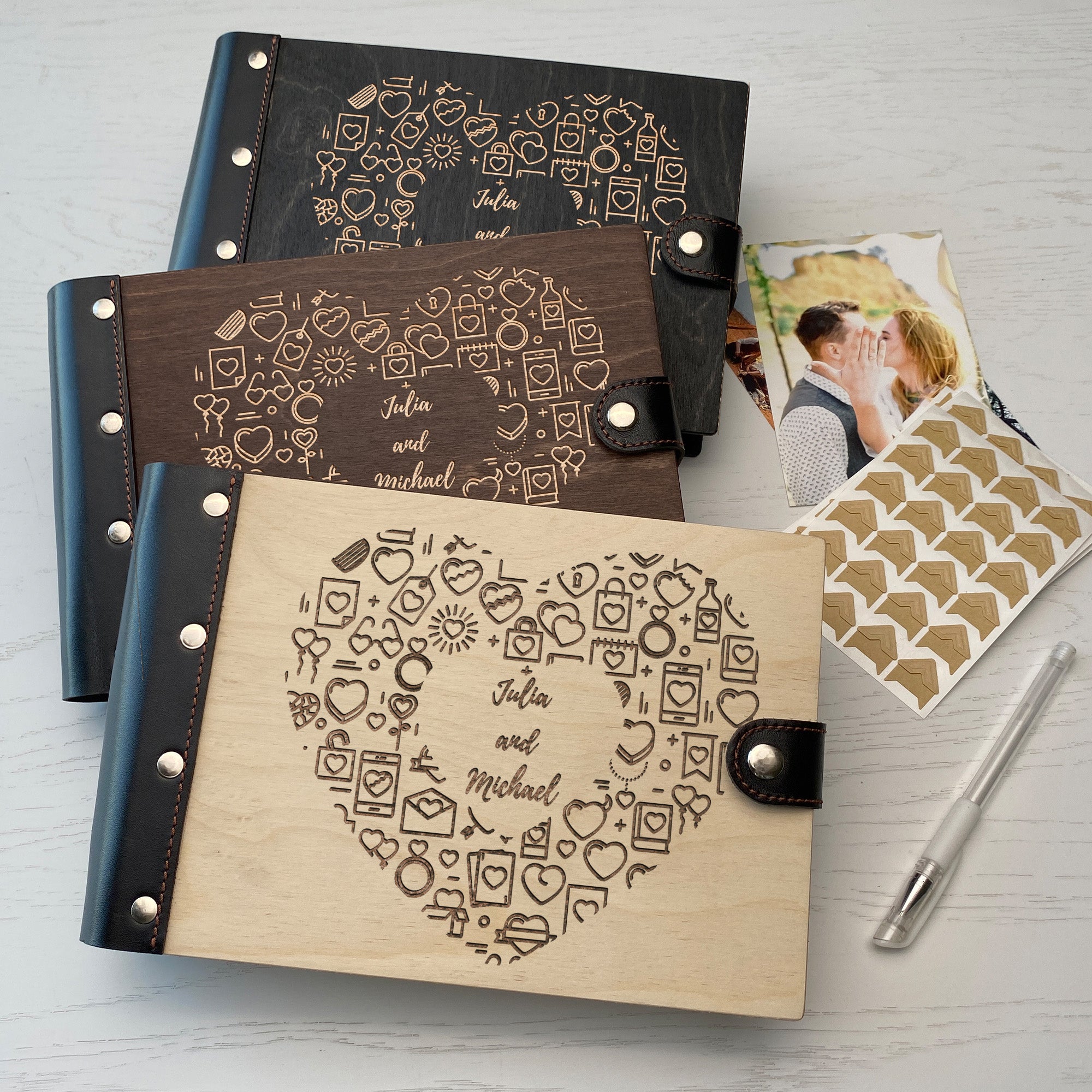 Personalized photo album with leather cover and Heart engraving