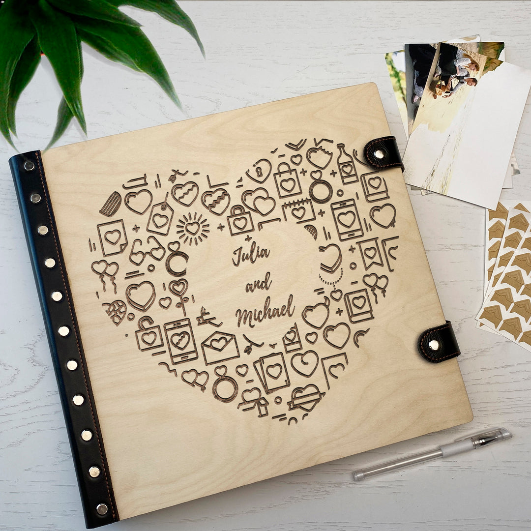 Personalized photo album with leather cover and Heart engraving photo №3