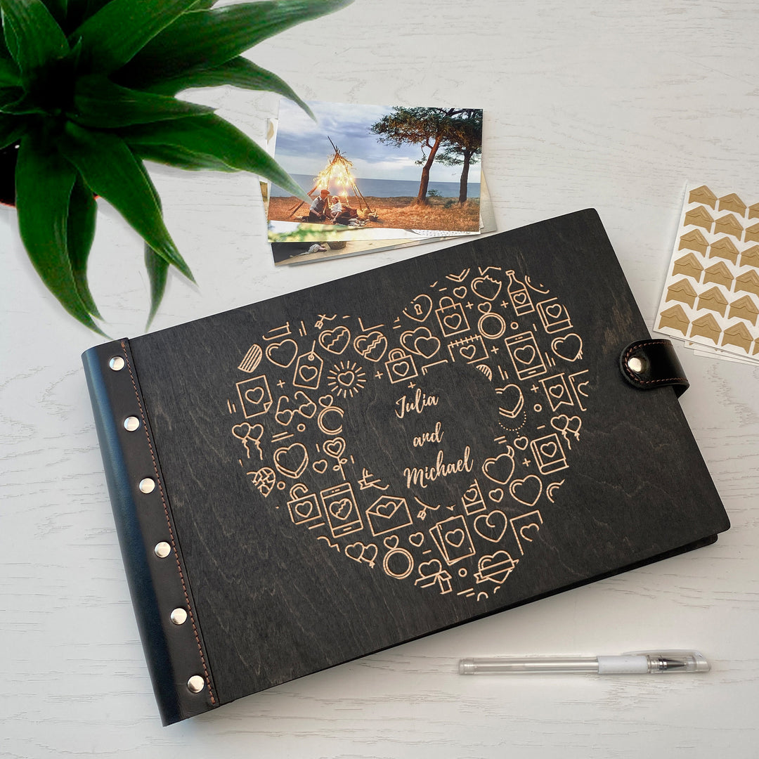 Personalized photo album with leather cover and Heart engraving photo №2