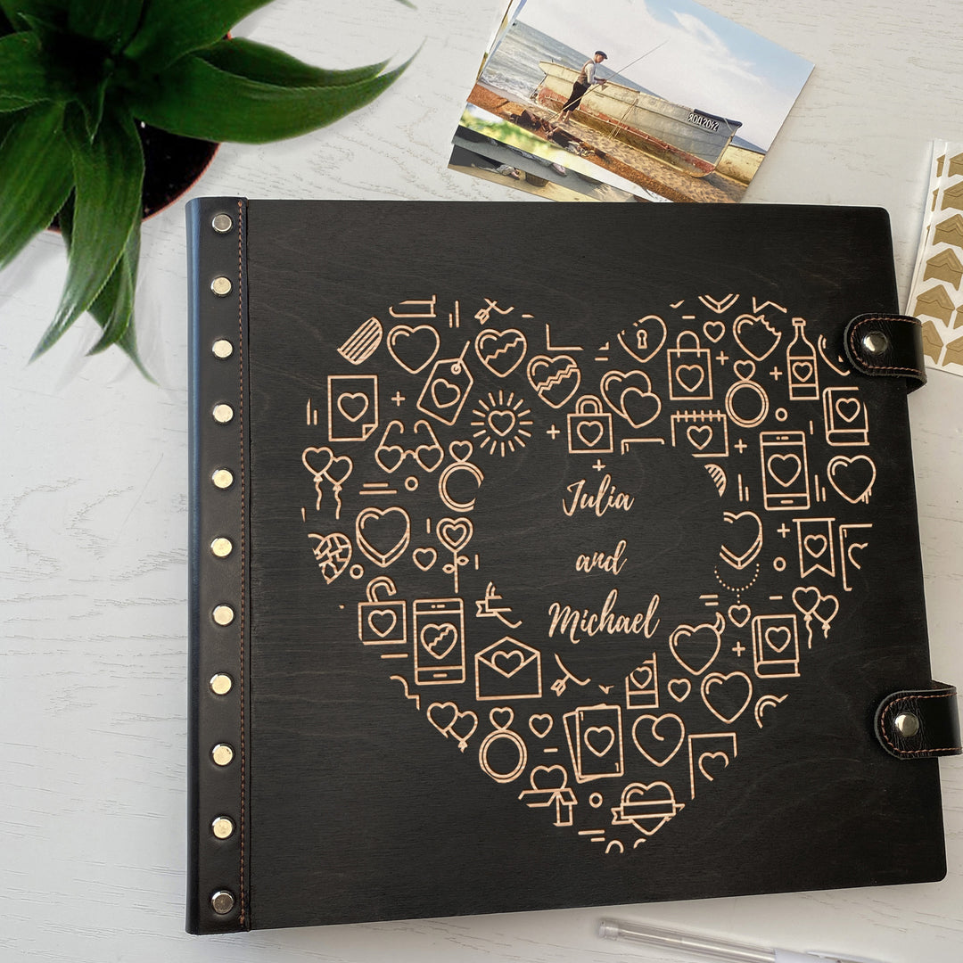 Personalized photo album with leather cover and Heart engraving photo